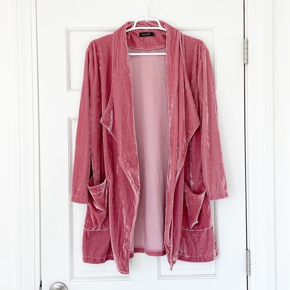AMARYLLIS cardigan size S pink velvet open pockets drape jacket